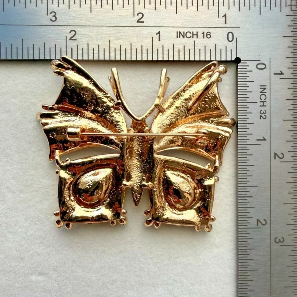 Butterfly Brooch Pendant Amber Rhinestone Blue Accent Gold Tone Statement Pin